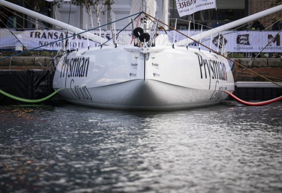 LE HAVRE, FRANCE - OCTOBER 20, 2023 : Imoca Prysmian Group is illustrated at pontoon during the Transat Jacques Vabre, in Le Havre, France, on October 20, 2023. (photo by Vincent Curutchet / Alea)